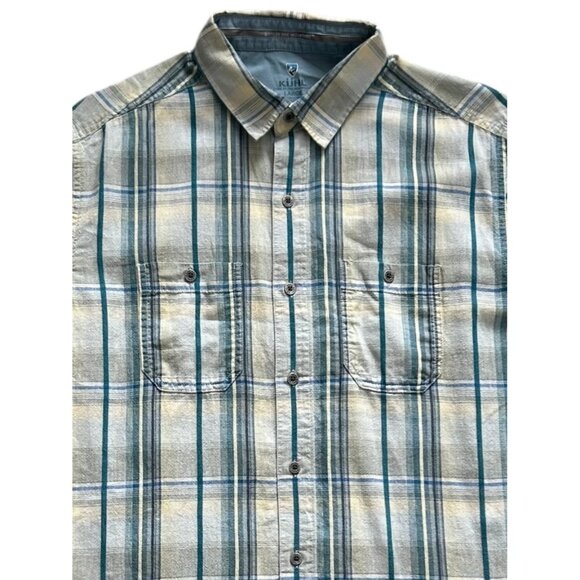 Kuhl Shirt Mens Large Short Sleeve Button Up Blue Plaid Linen Cotton Outdoors - Picture 3 of 12